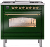 ILVE Nostalgie II 36-Inch Freestanding Natural Gas Dual Fuel Range in Emerald Green with Brass Trim (UP36FNMPEGG)