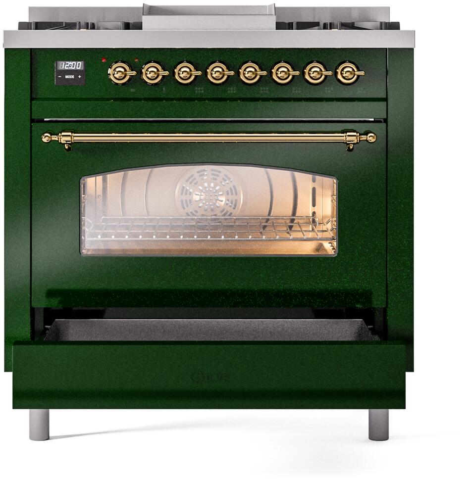 ILVE Nostalgie II 36-Inch Freestanding Natural Gas Dual Fuel Range in Emerald Green with Brass Trim (UP36FNMPEGG)