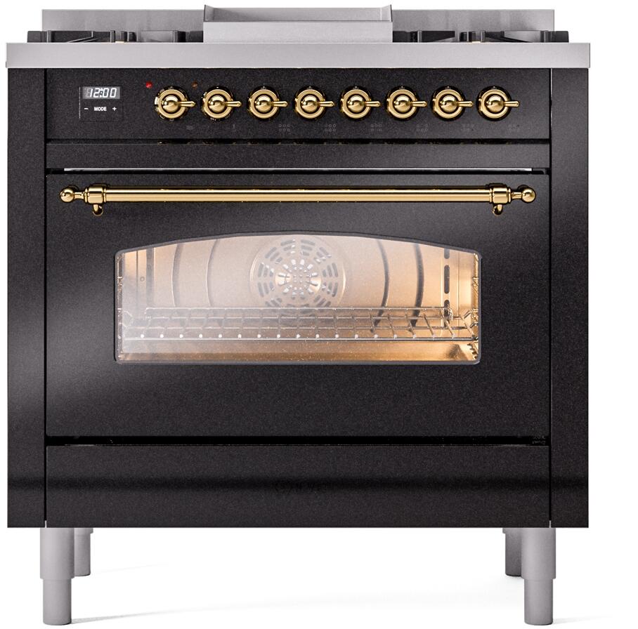 ILVE Nostalgie II 36-Inch Freestanding Natural Gas Dual Fuel Range in Glossy Black with Brass Trim (UP36FNMPBKG)