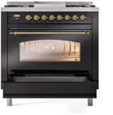 ILVE Nostalgie II 36-Inch Freestanding Natural Gas Dual Fuel Range in Glossy Black with Brass Trim (UP36FNMPBKG)