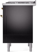 ILVE Nostalgie II 36-Inch Freestanding Natural Gas Dual Fuel Range in Glossy Black with Brass Trim (UP36FNMPBKG)