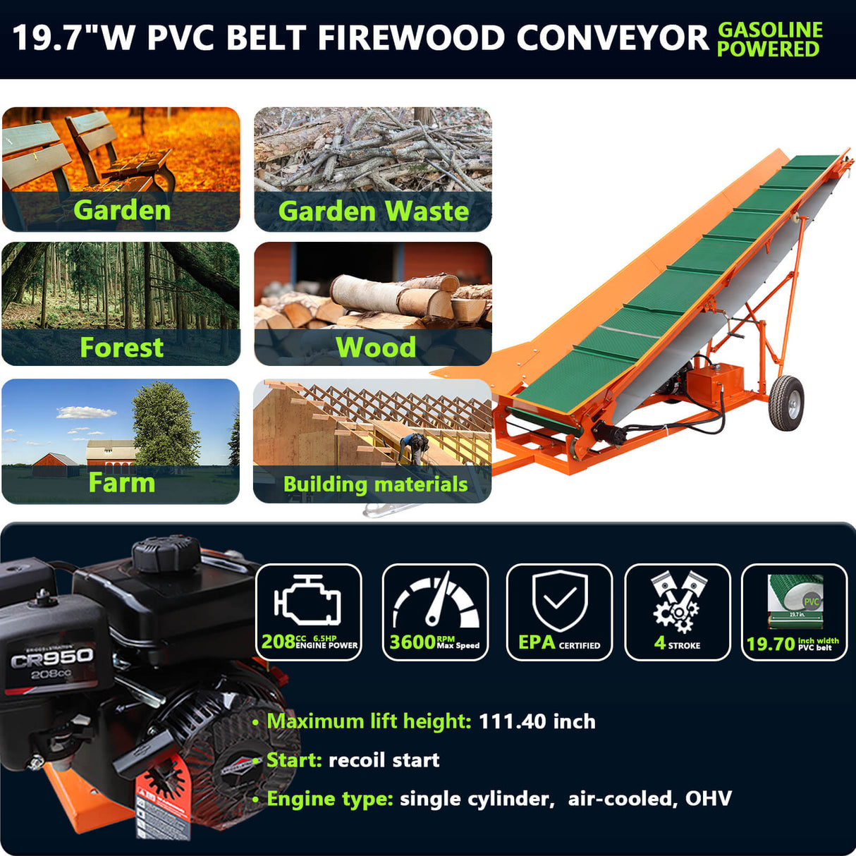 6.5HP Firewood Conveyor Max. 9.3ft Lift Height with B&S Engine and 19.7" PVC Belt