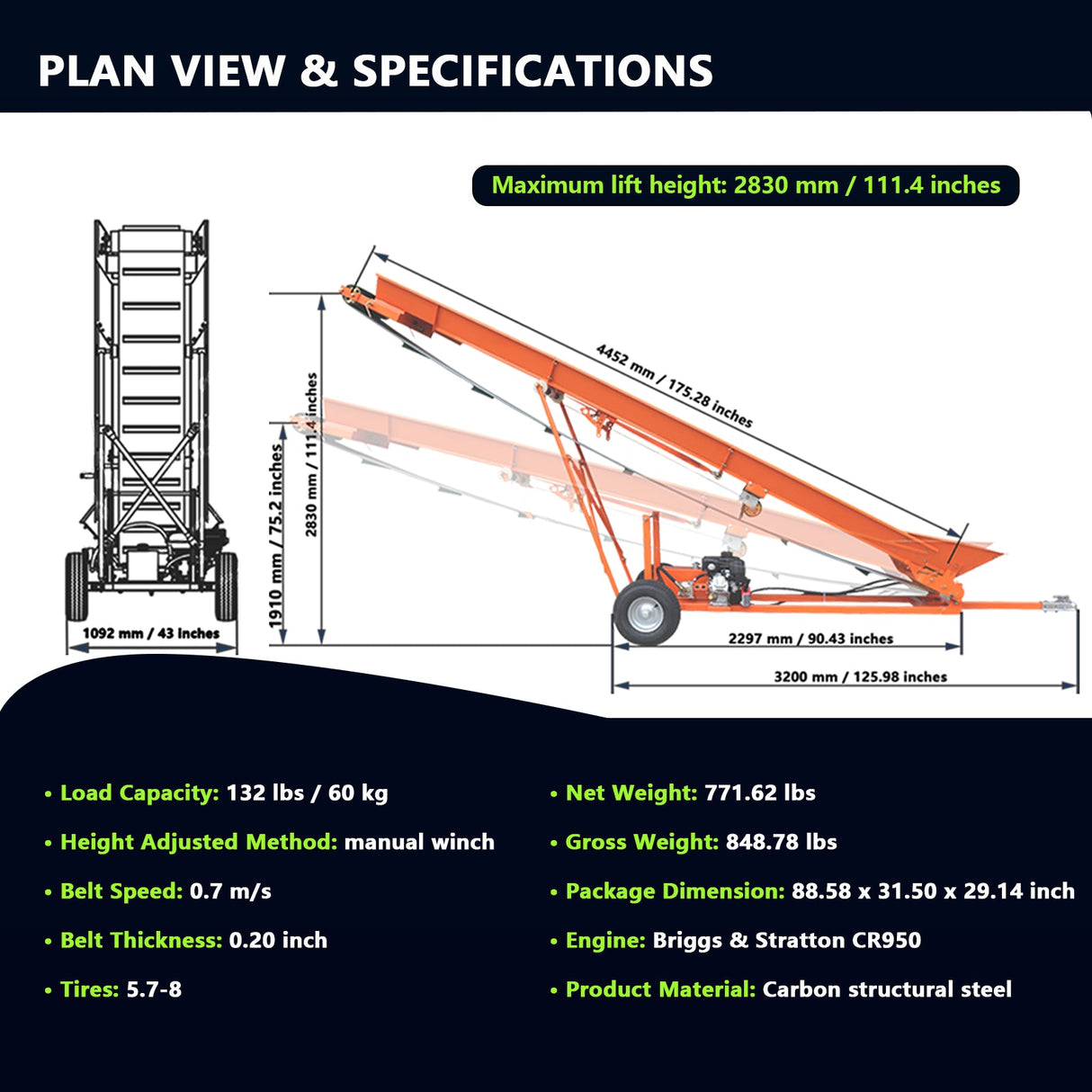 6.5HP Firewood Conveyor Max. 9.3ft Lift Height with B&S Engine and 19.7" PVC Belt