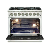 FORNO Capriasca 36" 5.36 cu. ft. Dual Fuel Range with 6 Italian Burners in Black, FFSGS6187-36BLK