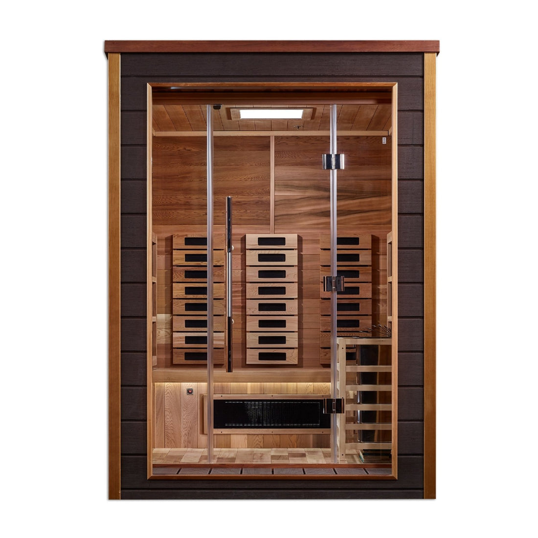 Golden Designs Nora Hybrid (PureTech™ Full Spectrum IR or Traditional Stove) Outdoor Sauna with Canadian Red Cedar Interior (2-Person Capacity)