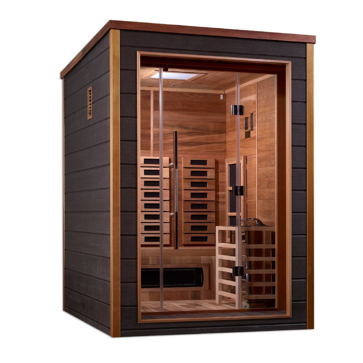 Golden Designs Nora Hybrid (PureTech™ Full Spectrum IR or Traditional Stove) Outdoor Sauna with Canadian Red Cedar Interior (2-Person Capacity)