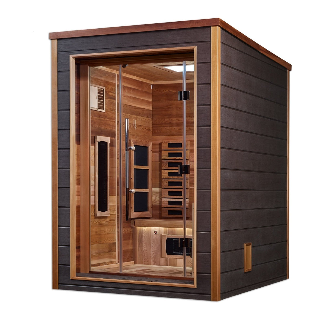 Golden Designs Nora Hybrid (PureTech™ Full Spectrum IR or Traditional Stove) Outdoor Sauna with Canadian Red Cedar Interior (2-Person Capacity)