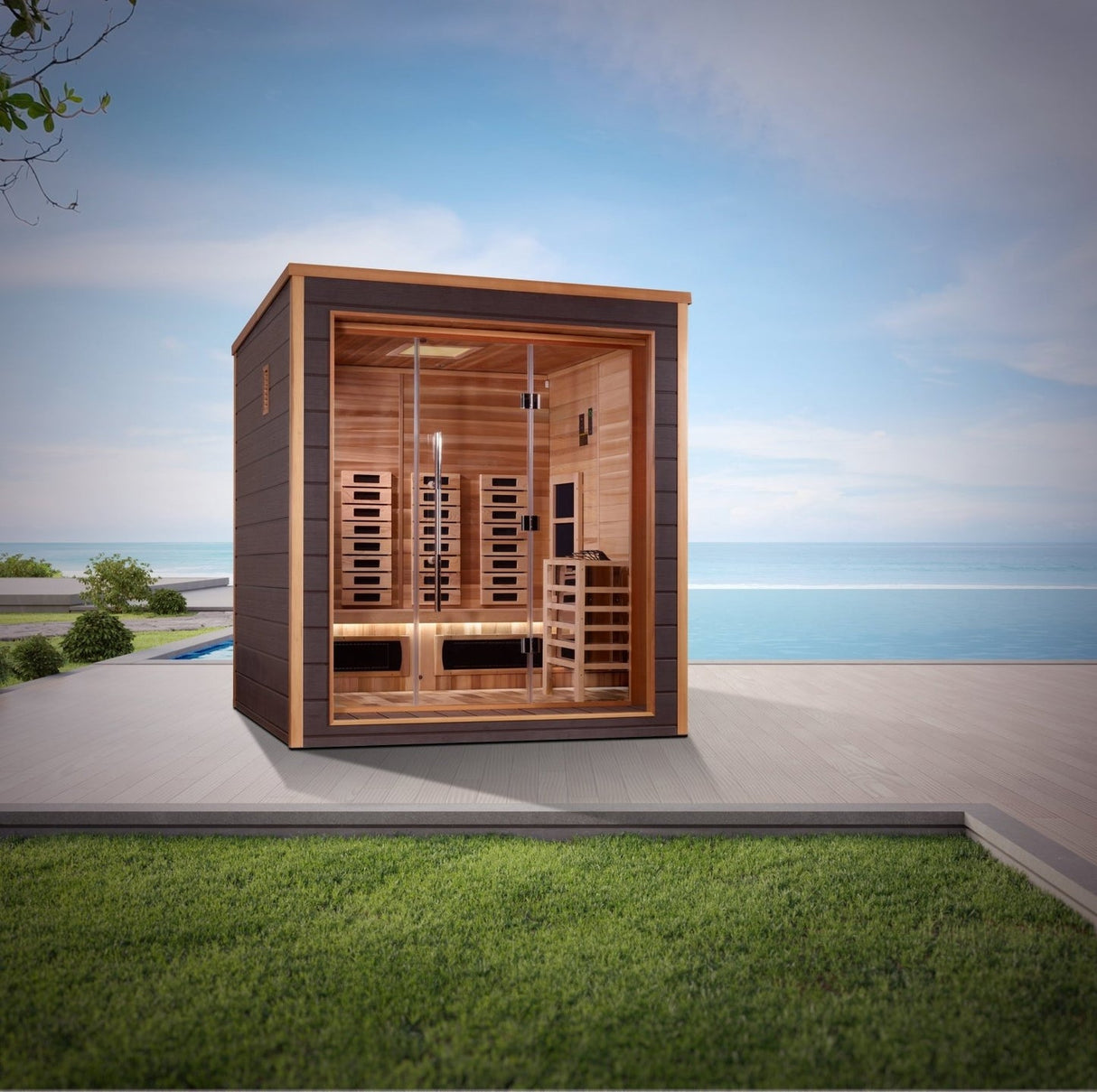 Golden Designs Visby Hybrid (PureTech™ Full Spectrum IR or Traditional Stove) Outdoor Sauna with Canadian Red Cedar Interior (3-Person Capacity)