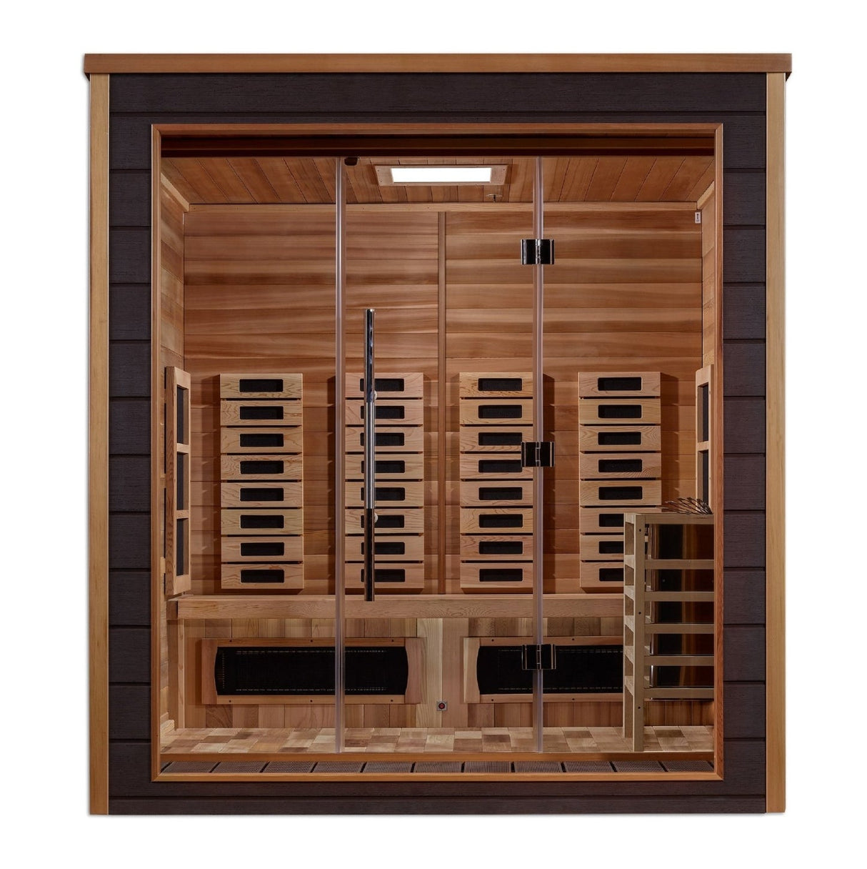 Golden Designs Visby Hybrid (PureTech™ Full Spectrum IR or Traditional Stove) Outdoor Sauna with Canadian Red Cedar Interior (3-Person Capacity)
