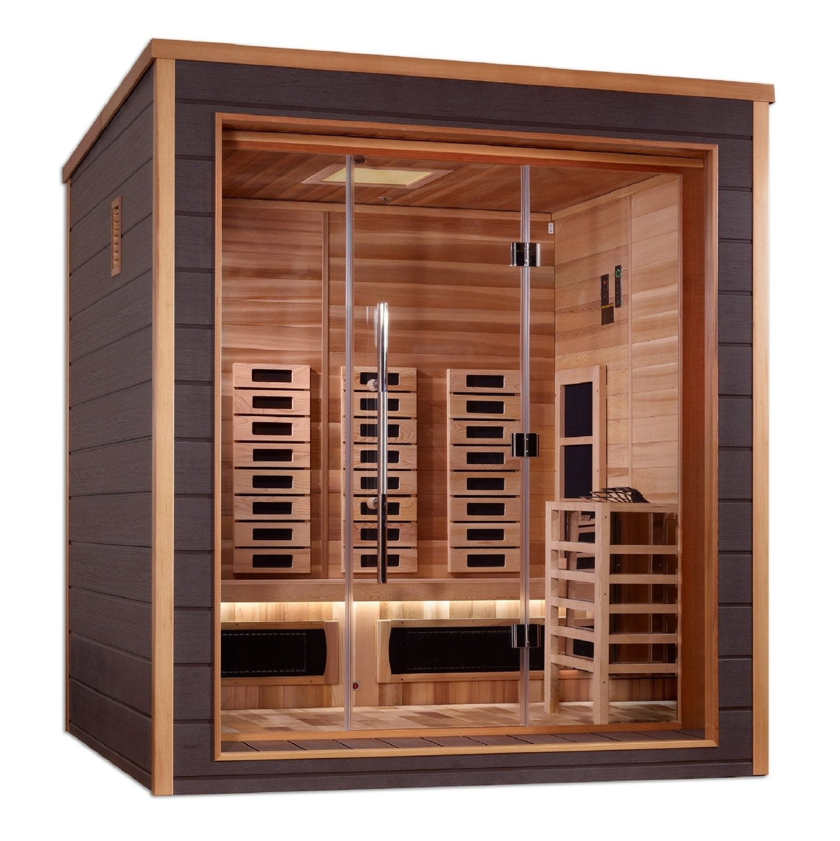 Golden Designs Visby Hybrid (PureTech™ Full Spectrum IR or Traditional Stove) Outdoor Sauna with Canadian Red Cedar Interior (3-Person Capacity)