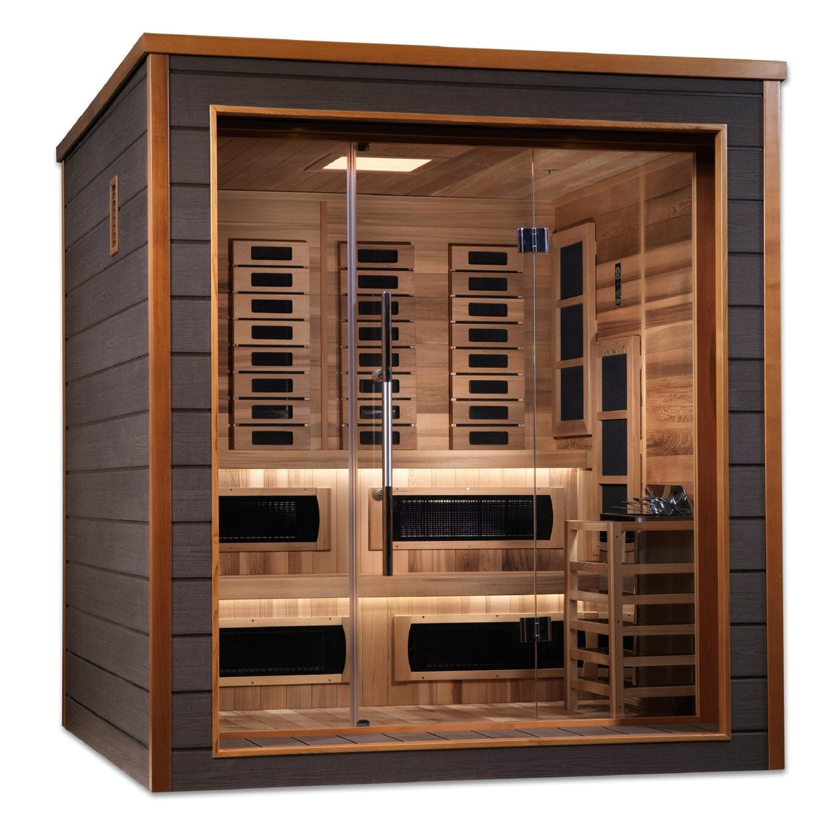Golden Designs Karlstad Hybrid (PureTech™ Full Spectrum IR or Traditional Stove) Indoor/Outdoor Sauna with Canadian Red Cedar Interior (6-Person Capacity)