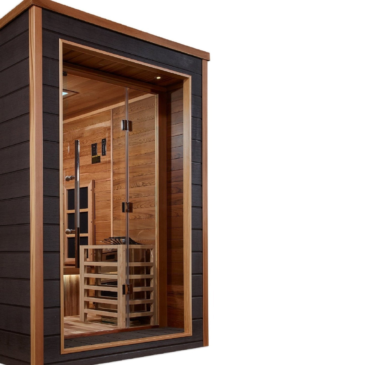 Golden Designs Karlstad Hybrid (PureTech™ Full Spectrum IR or Traditional Stove) Indoor/Outdoor Sauna with Canadian Red Cedar Interior (6-Person Capacity)
