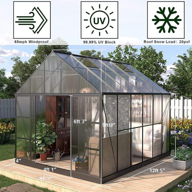 [10x12FT] Heavy Duty Outdoor Walk-In Polycarbonate Patio Greenhouse With Sliding Doors & Vents (SAK92846)