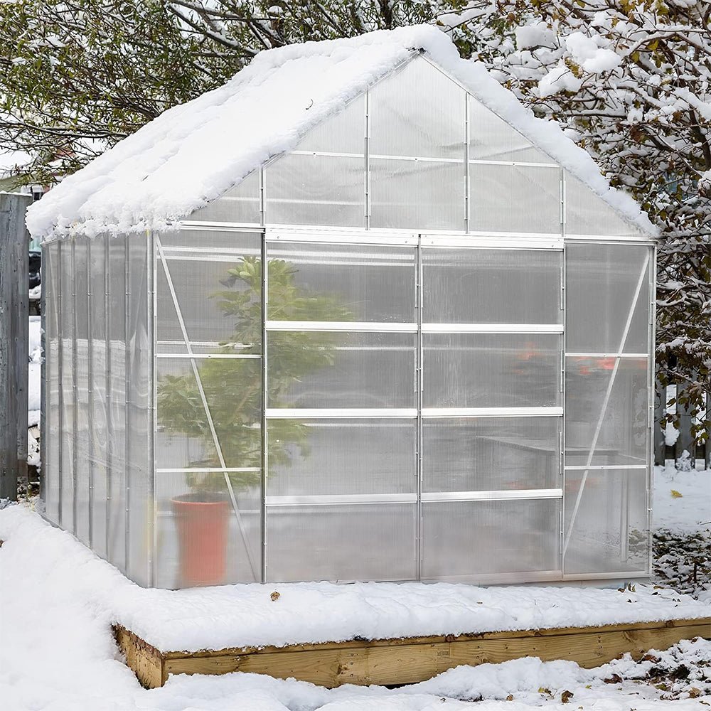 [10X12FT] Large Heavy-Duty Outdoor Walk-In Polycarbonate Aluminum Frame Greenhouse With Adjustable Vents & Sliding Doors (SAK93648)