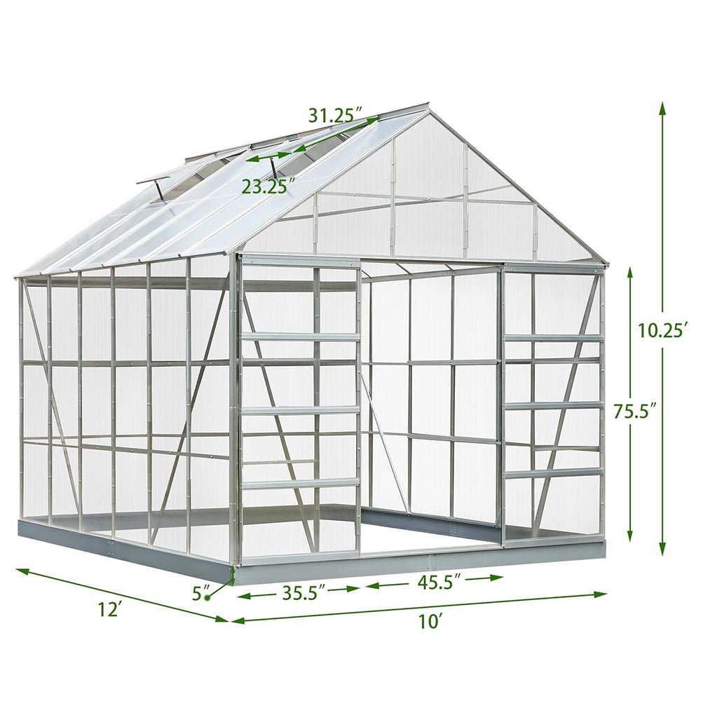 [10X12FT] Large Heavy-Duty Outdoor Walk-In Polycarbonate Aluminum Frame Greenhouse With Adjustable Vents & Sliding Doors (SAK93648)