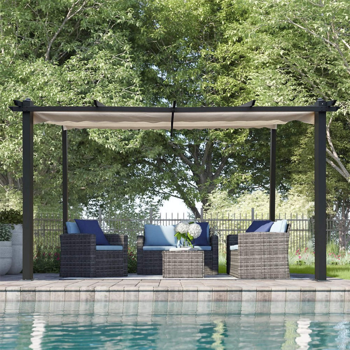 [10X13FT] Large Outdoor Patio Pergola With Canopy & Retractable Sun Shades, Beige (SAK51842)