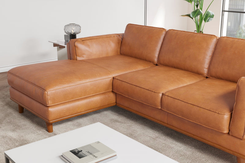 Valencia Artisan Top Grain Leather Three Seats with Left Chaise Sofa, Cognac