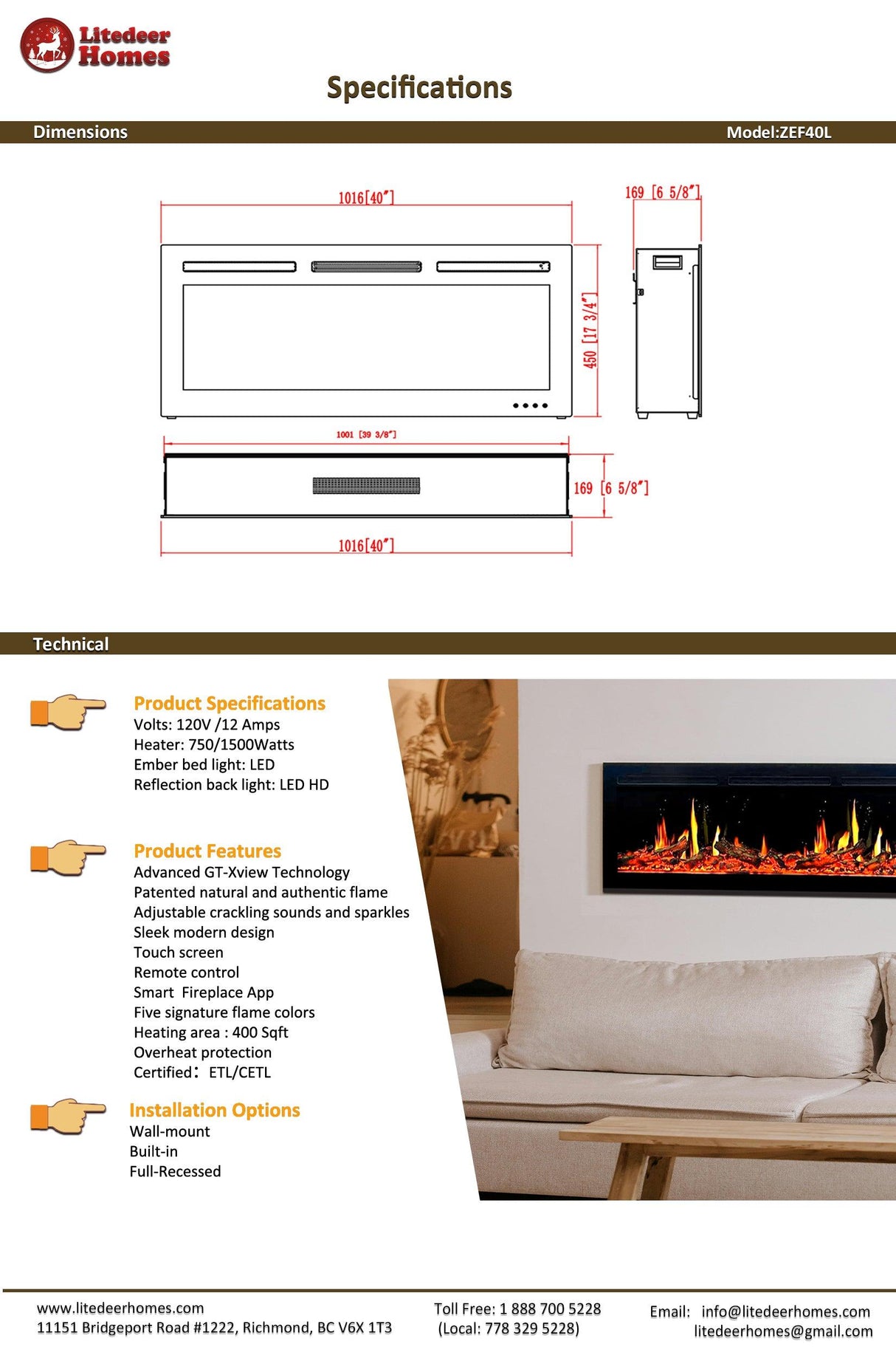 Litedeer Homes Aimée 40-Inch Smart Electric Fireplace with App Crackling Sounds 5 Unique Flame (Model: ZEF40L)