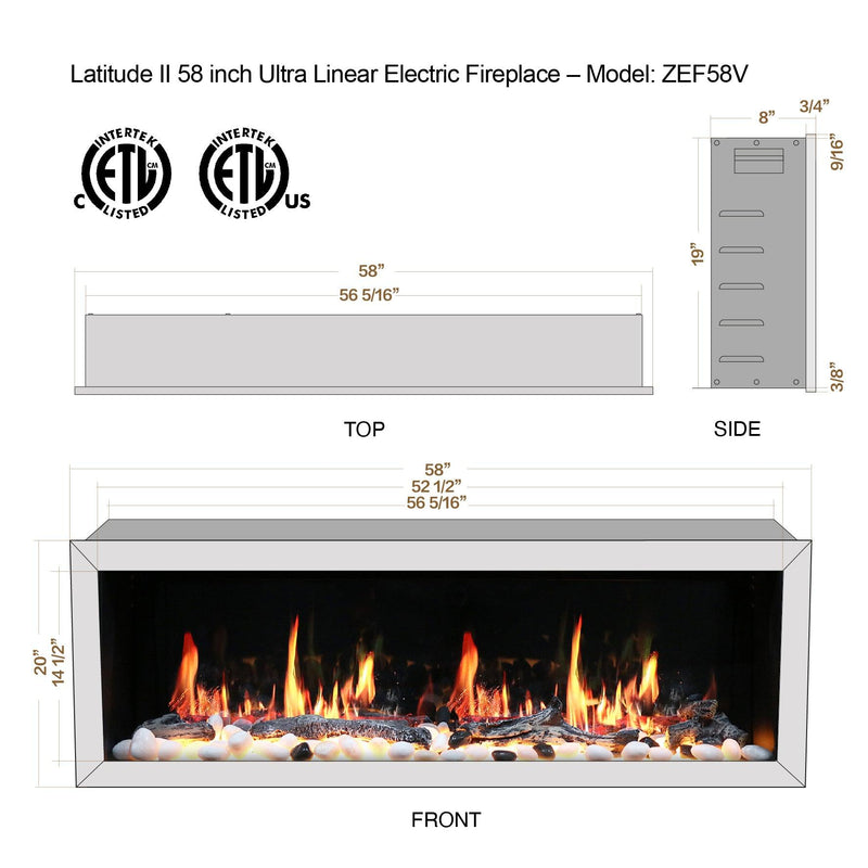 2025 New Litedeer Homes Gloria II 58" Smart Electric Fireplace with App Driftwood Log & River Rock - ZEF58VS, Silver