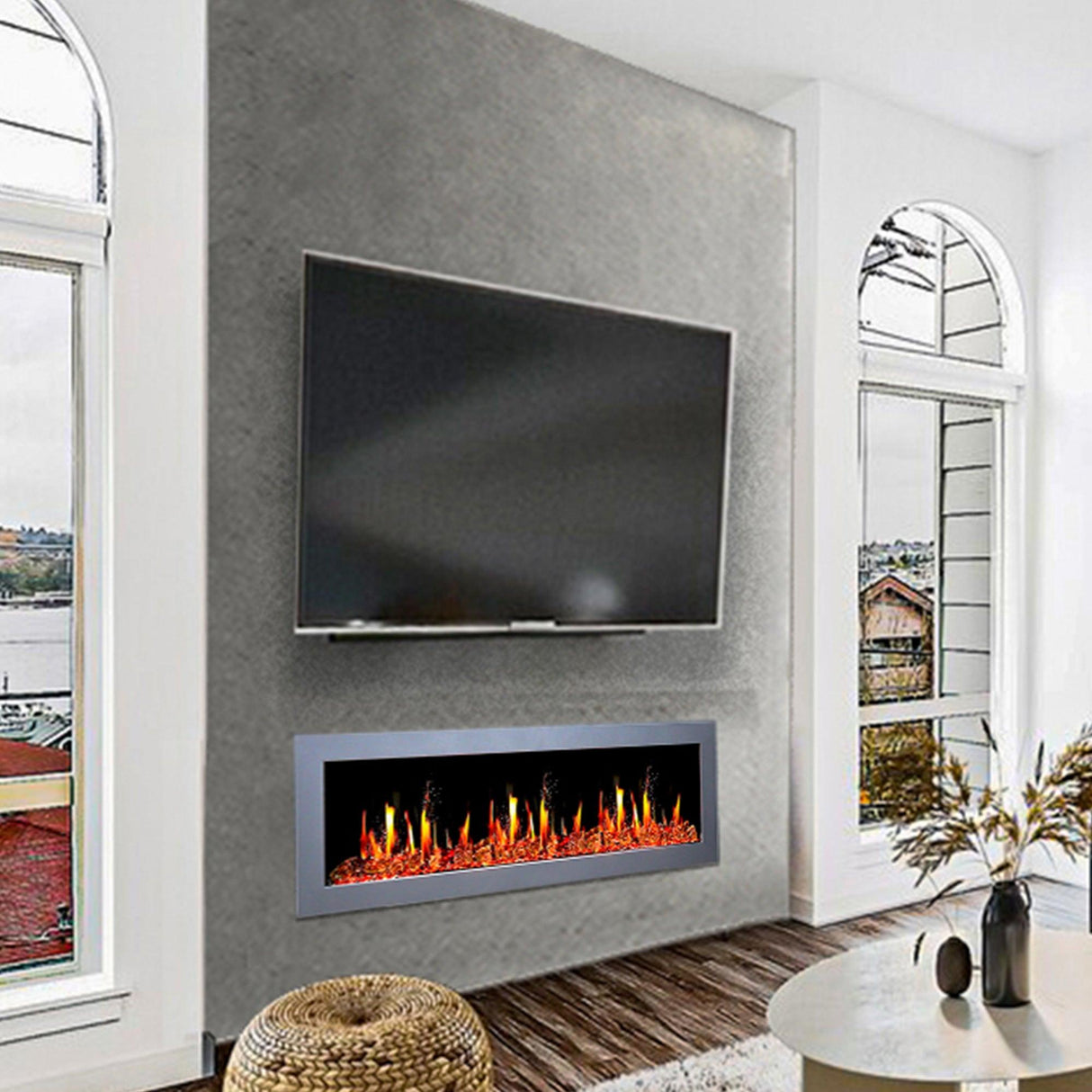 2025 New Litedeer Homes Gloria II 58" Smart Electric Fireplace with App Driftwood Log & River Rock - ZEF58VS, Silver