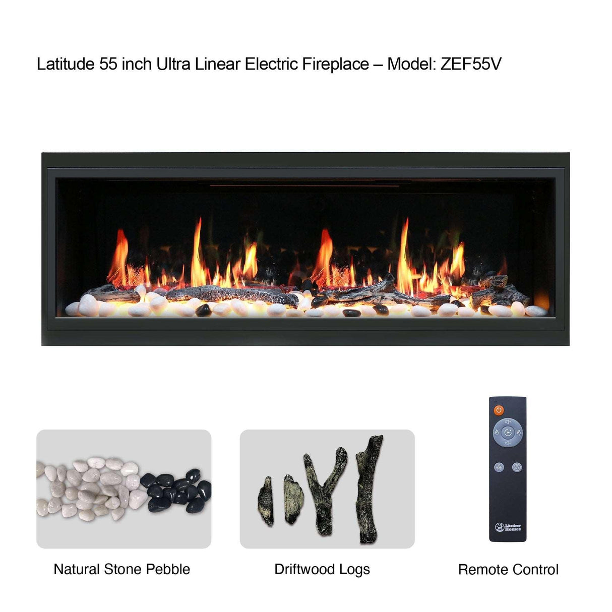 2025 New Litedeer Homes Latitude 55-inch Built-in Smart Electric Fireplace with 1-inch Trim, Multi-Flame LED, Driftwood Logs & River Rocks, WiFi/App-Control, Flush/Recessed/Built-in (Model: ZEF55V)