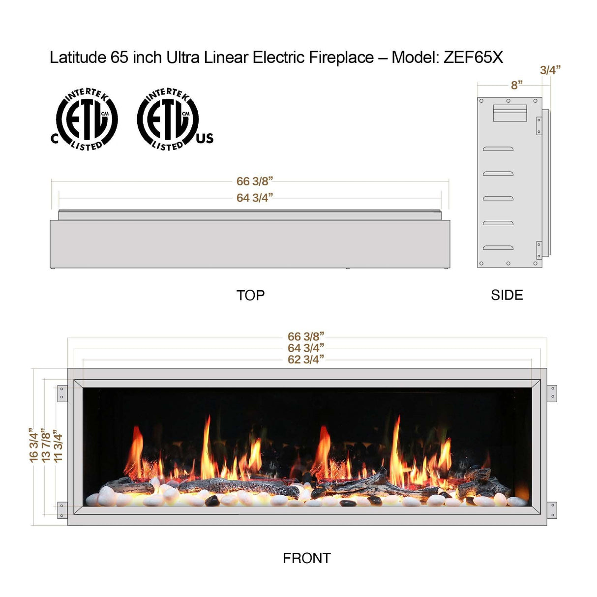 2025 NewLited eer Homes Latitude 65-inch Ultra-Slim Smart Electric Fireplace with 1-inch Trim – Multi-Flame LED, Driftwood Logs & River Rocks, WiFi/App-Control, Flush/Recessed/Wall-Mounted (Model: ZEF65X)