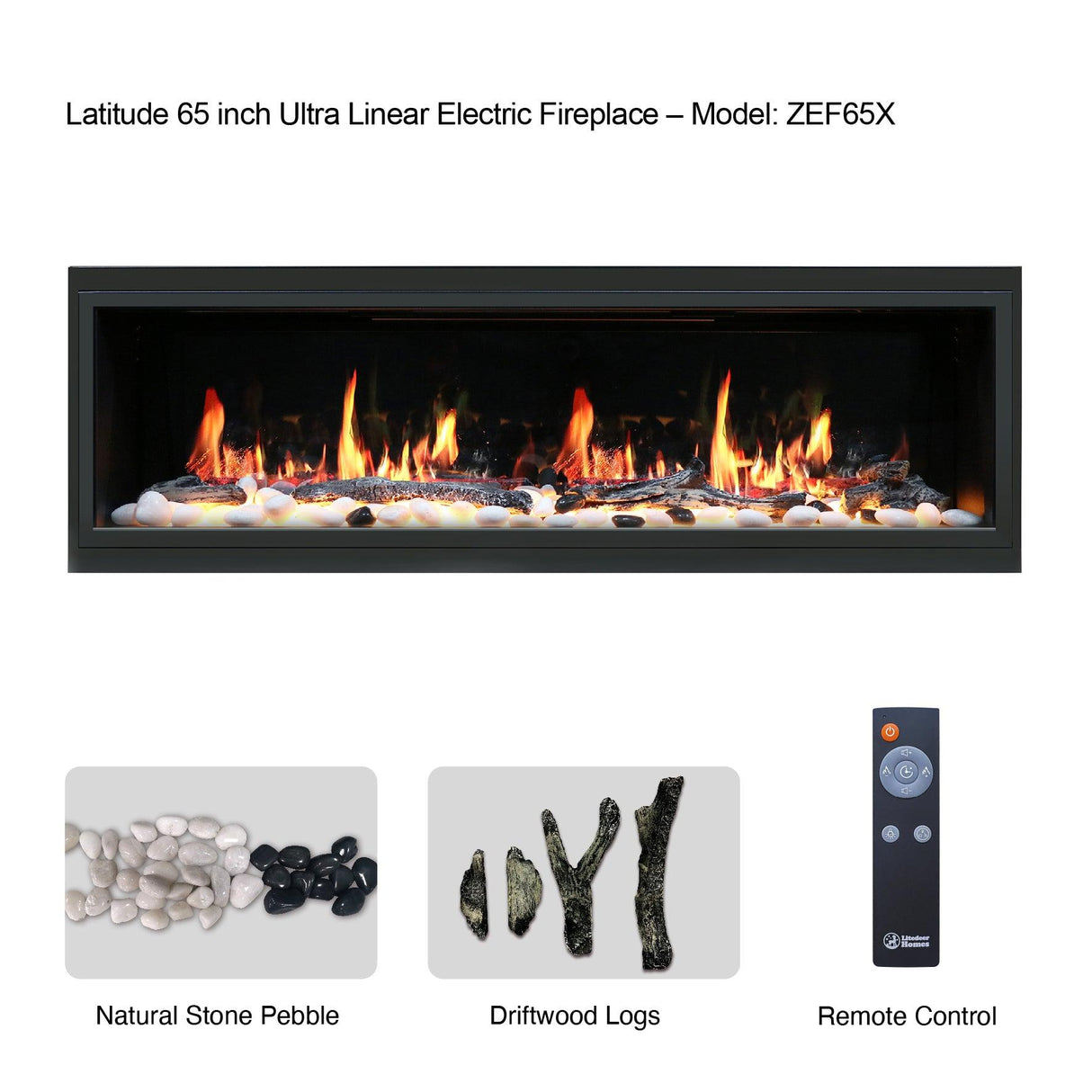 2025 NewLited eer Homes Latitude 65-inch Ultra-Slim Smart Electric Fireplace with 1-inch Trim – Multi-Flame LED, Driftwood Logs & River Rocks, WiFi/App-Control, Flush/Recessed/Wall-Mounted (Model: ZEF65X)