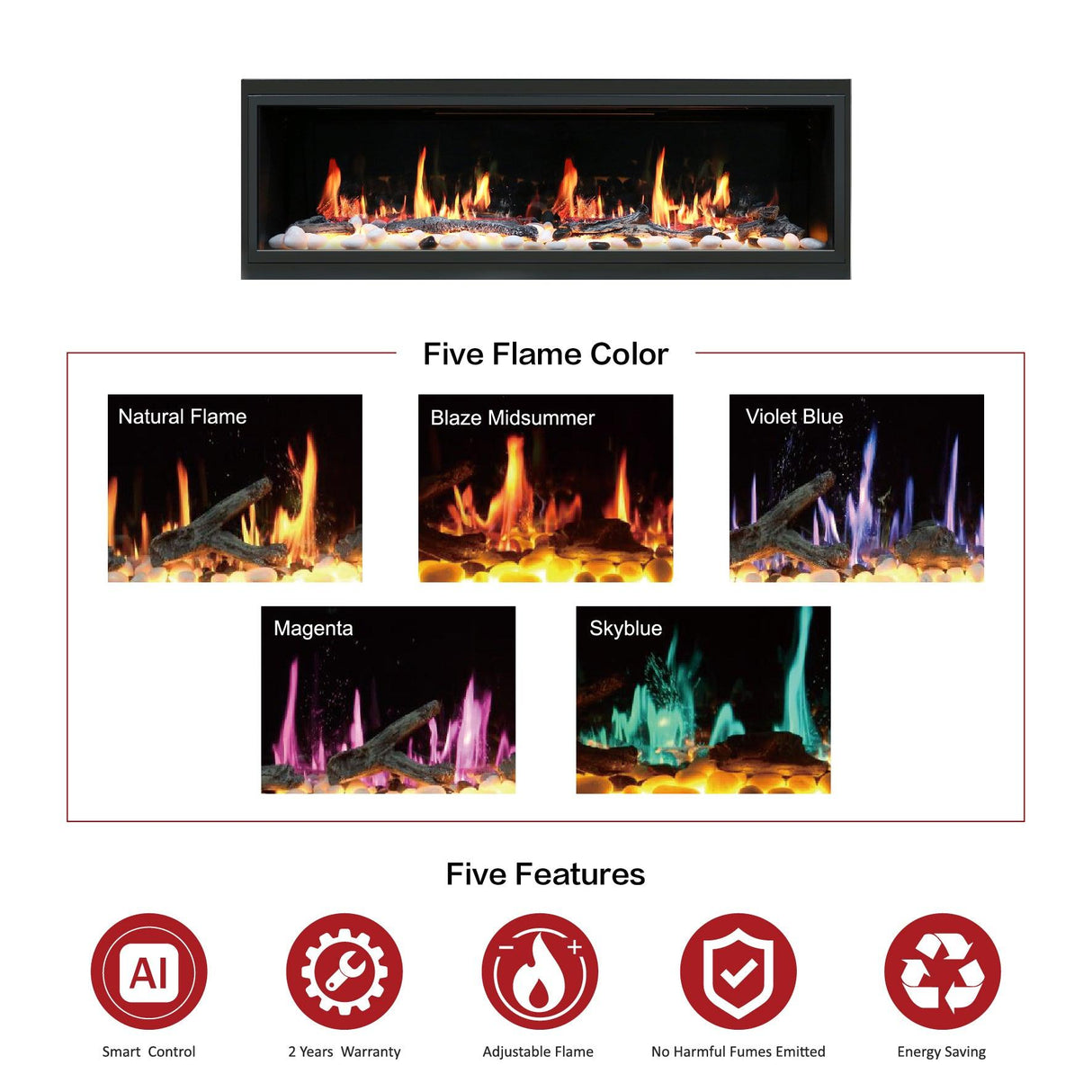2025 NewLited eer Homes Latitude 65-inch Ultra-Slim Smart Electric Fireplace with 1-inch Trim – Multi-Flame LED, Driftwood Logs & River Rocks, WiFi/App-Control, Flush/Recessed/Wall-Mounted (Model: ZEF65X)
