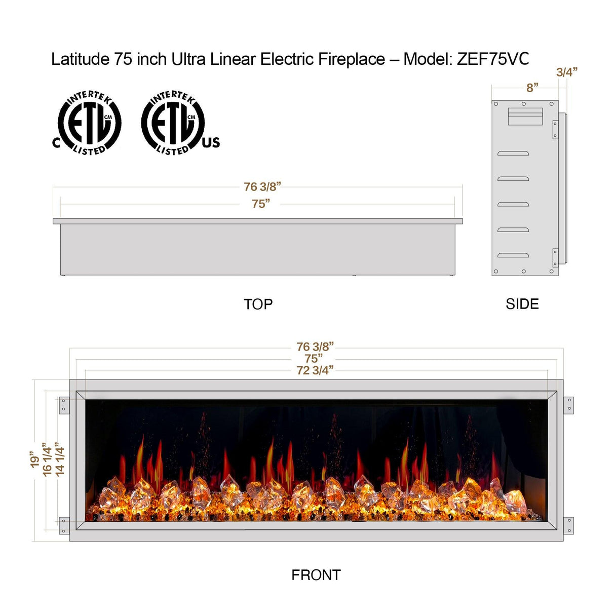 2025 New Litedeer Homes Latitude 75 inch Smart Control HD LED Electric Fireplace Wifi Enabled (Model: ZEF75VC),Black