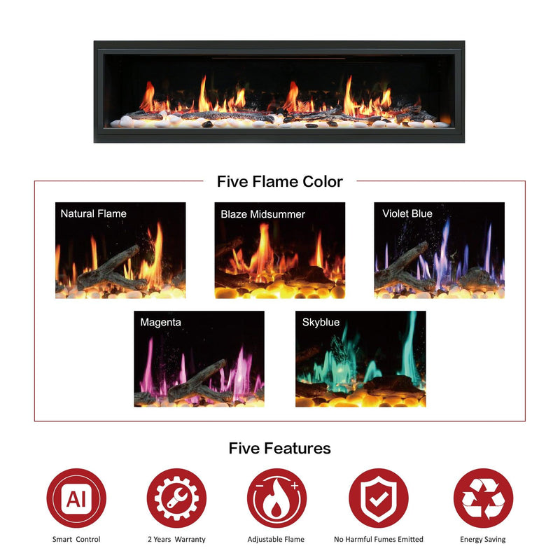 2025 New Lited eer Homes Latitude 75-inch Ultra-Sleek Smart Electric Fireplace with 1-inch Trim – Multi-Flame LED, Driftwood Logs & River Rocks, WiFi/App-Control, Flush/Recessed/Built-in Wall (Model: ZEF75V)