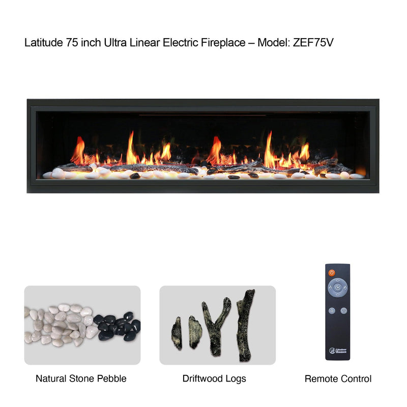 2025 New Lited eer Homes Latitude 75-inch Ultra-Sleek Smart Electric Fireplace with 1-inch Trim – Multi-Flame LED, Driftwood Logs & River Rocks, WiFi/App-Control, Flush/Recessed/Built-in Wall (Model: ZEF75V)
