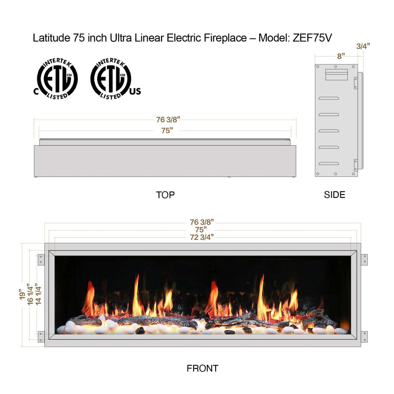 2025 New Lited eer Homes Latitude 75-inch Ultra-Sleek Smart Electric Fireplace with 1-inch Trim – Multi-Flame LED, Driftwood Logs & River Rocks, WiFi/App-Control, Flush/Recessed/Built-in Wall (Model: ZEF75V)