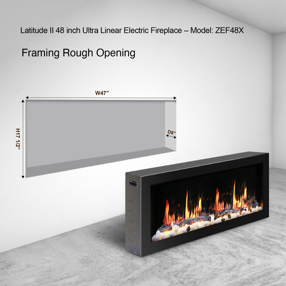 2025 New Litedeer Homes Latitude II 48-in Wall Mounted Smart Electric Fireplace with App, Crackling Sounds, Driftwood Log & River Rock - ZEF48X