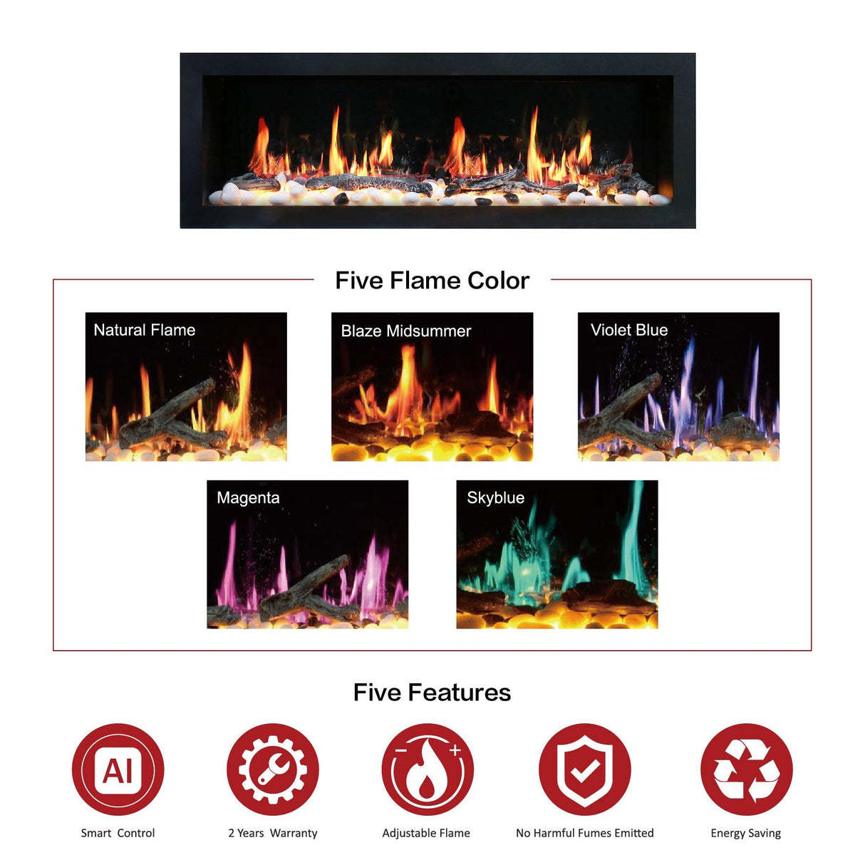 2025 New Litedeer Homes Latitude II 48-in Wall Mounted Smart Electric Fireplace with App, Crackling Sounds, Driftwood Log & River Rock - ZEF48X