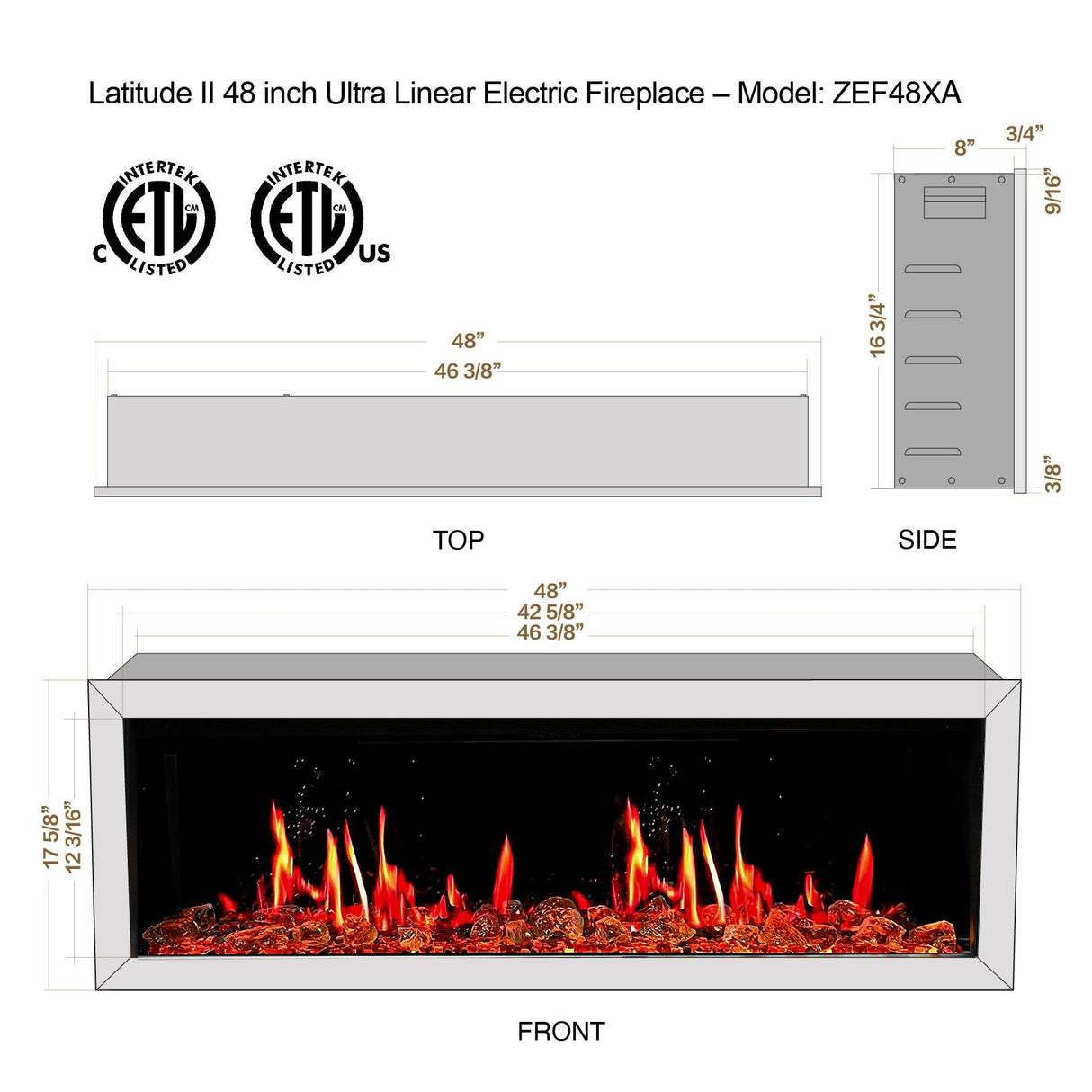 Litedeer Homes Latitude II 48 inch Wall Mount Smart Electric Fireplace with Reflective Amber Glass - ZEF48XA