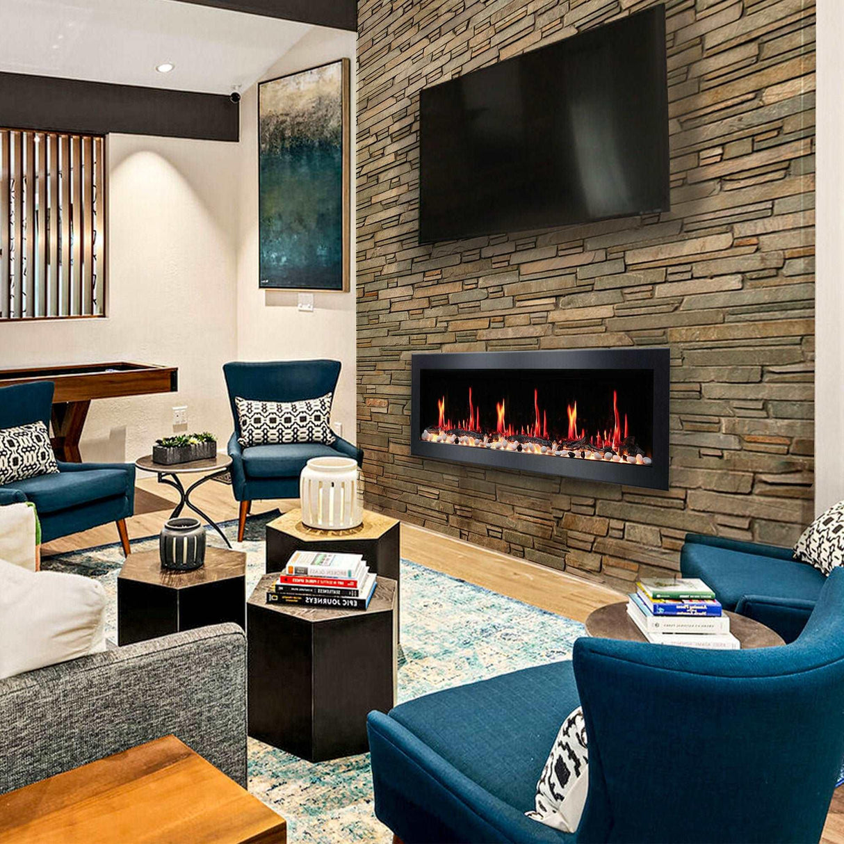 2025 New Litedeer Homes Latitude II 58-inch Wall Mount Smart Electric Fireplace with app Diamond-like Crystal - ZEF58VC, Black