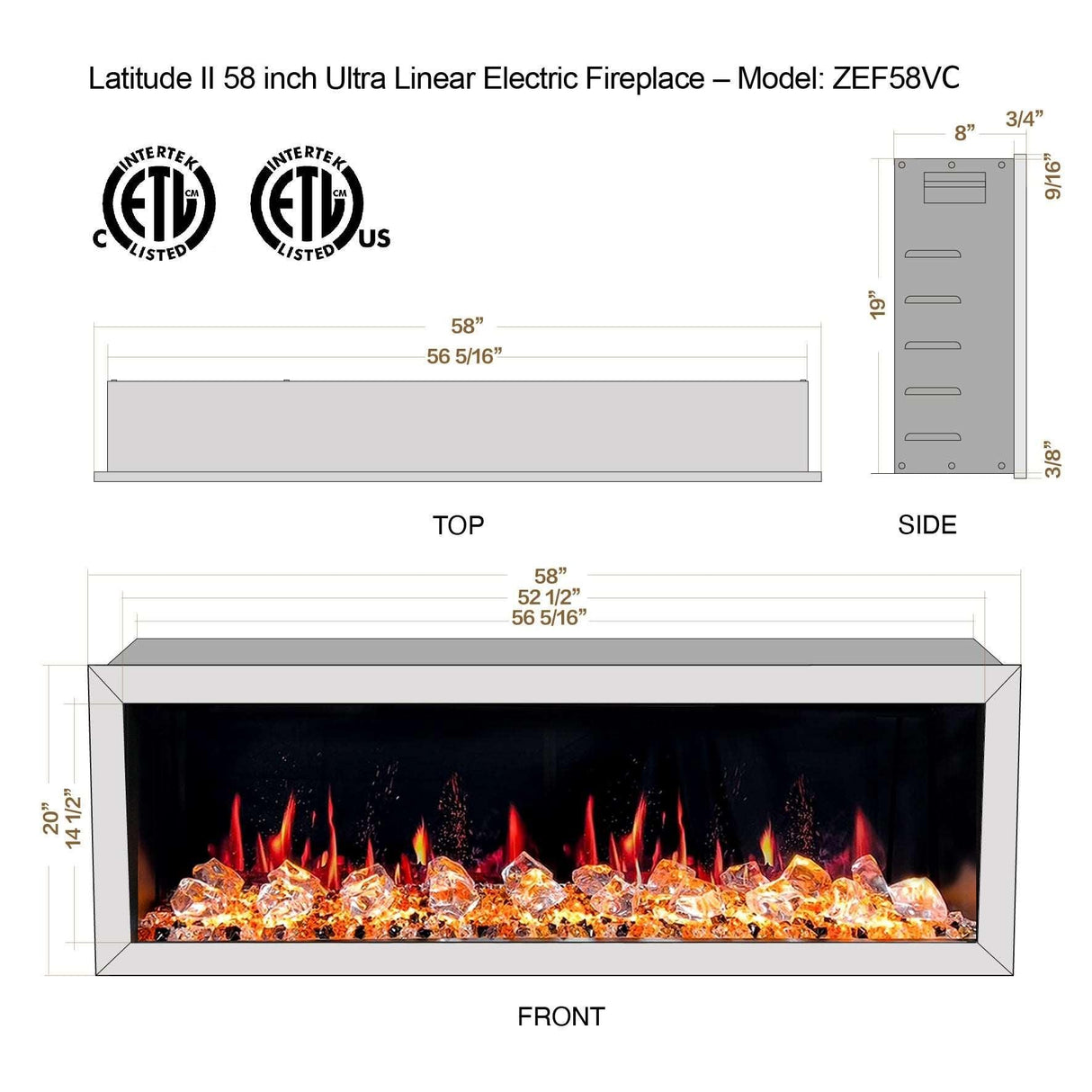 2025 New Litedeer Homes Latitude II 58-inch Wall Mount Smart Electric Fireplace with app Diamond-like Crystal - ZEF58VC, Black