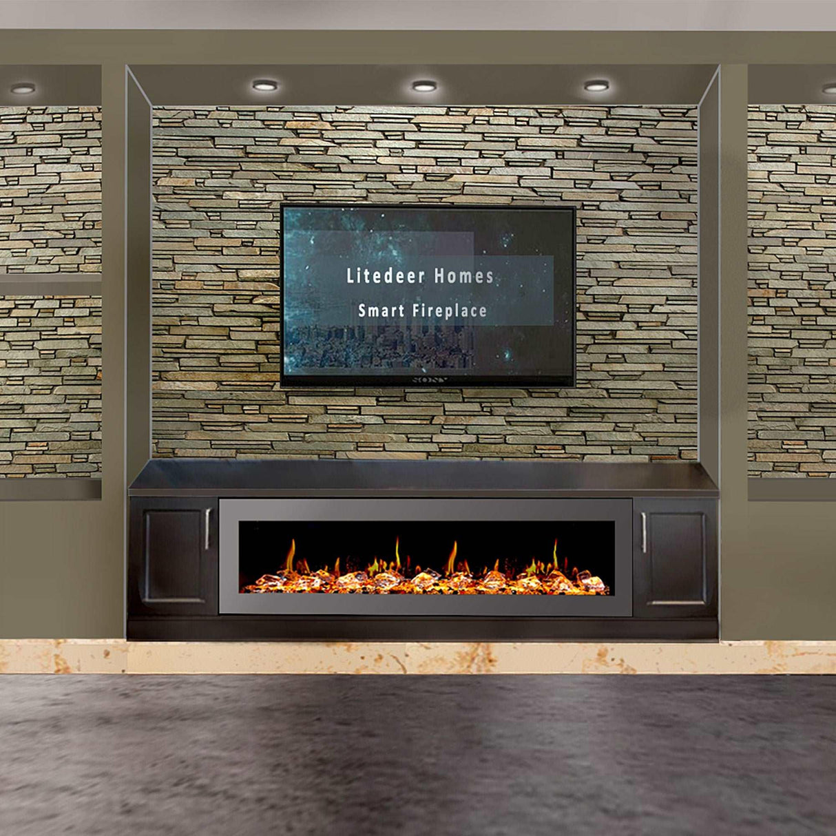 2025 New Litedeer Homes Latitude II 68" Smart Wall Mount Electric Fireplace with App Crushed Ice Rocks & Remote - ZEF68XC