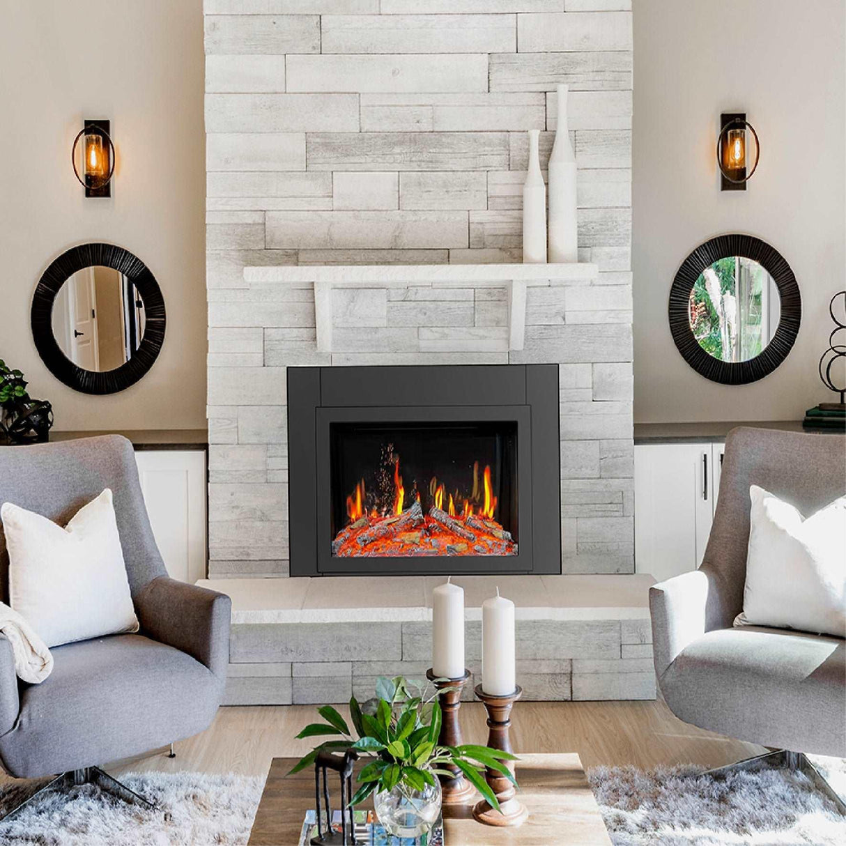 LiteStar 38-in Smart Electric Fireplace Insert with App 5 Unique Flame Crackling Sounds Driftwood Logs & River Rocks - ZEF38VC, Black Fireplace 38"
