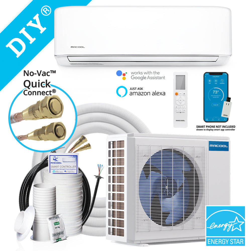 MRCOOL® DIY 9,000 BTU 23.6 SEER2 DC Inverter Ductless Mini Split Air Conditioner and Heat Pump System with 25 ft Line Set Installation Kit, Smart HVAC Controller, and Wireless Remote Control - 115V - 5th Generation (DIY-09-HP-WM-115D25-O)
