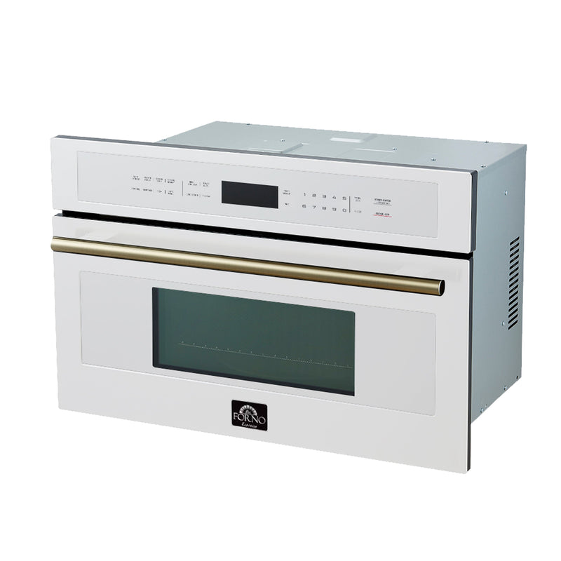 FORNO Espresso Oliena 30" 1.6 cu. ft. Built-In Microwave Oven in White with Antique Brass Handles, FMWDR3093-30WHT