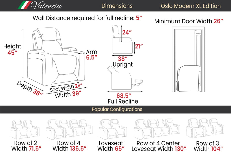 Valencia Oslo Modern XL Home Theater Seating Row of 3 Loveseat Left, Midnight Black