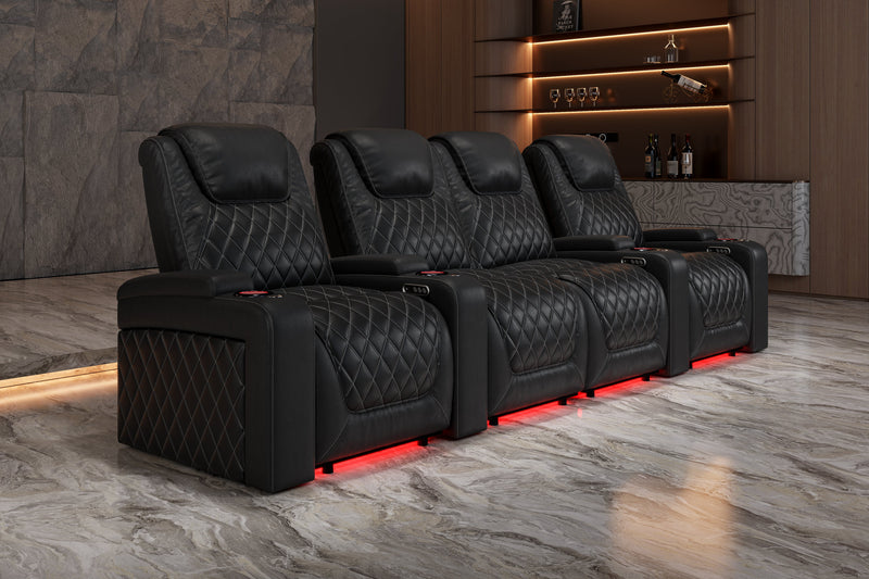 Valencia 2025 New Oslo Leather Home Theater Seating Row of 4 Loveseat Right, Midnight Black
