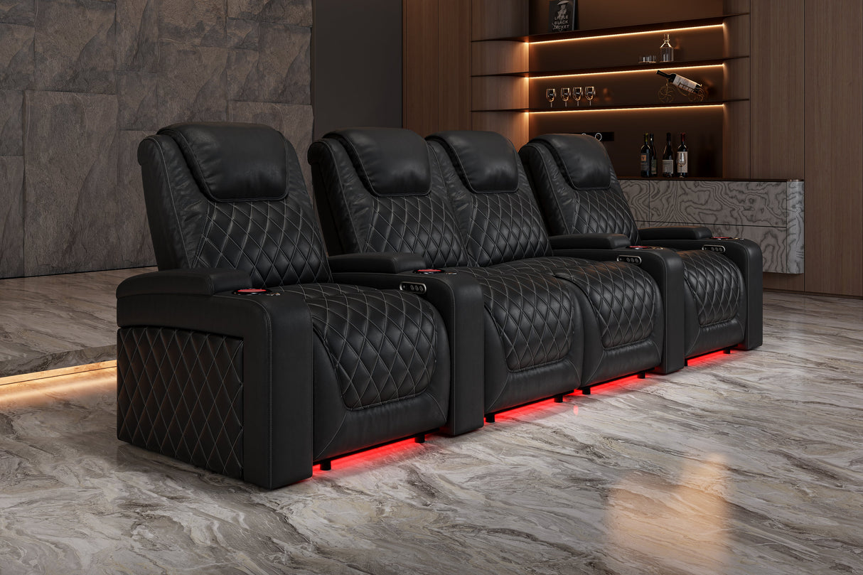 Valencia 2025 New Oslo Leather Home Theater Seating Row of 3 Loveseat Left, Midnight Black