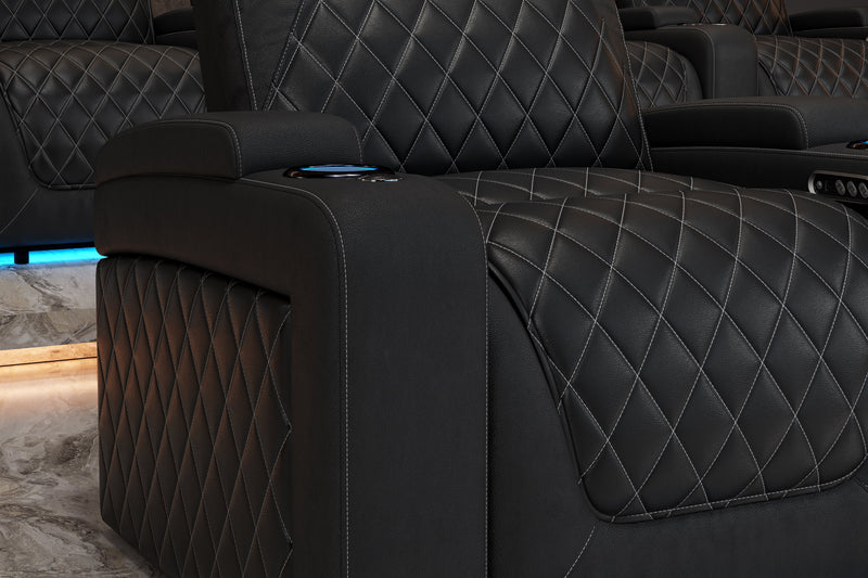 Valencia 2025 New Oslo Leather Home Theater Seating Row of 5 Loveseat Right, Midnight Black