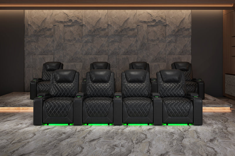 Valencia 2025 New Oslo Leather Home Theater Seating Row of 4 Loveseat Left, Midnight Black