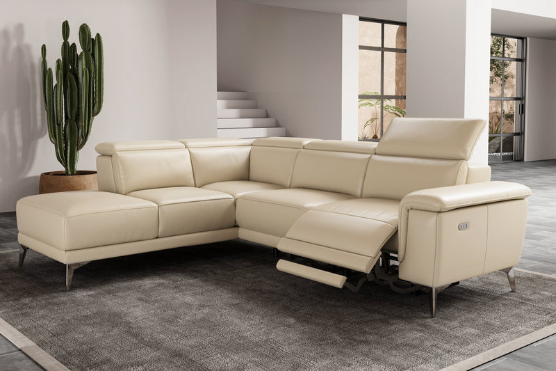 Valencia Pista Modern Top Grain Leather Reclining Sectional Sofa with Left-Hand Facing Chaise, Beige