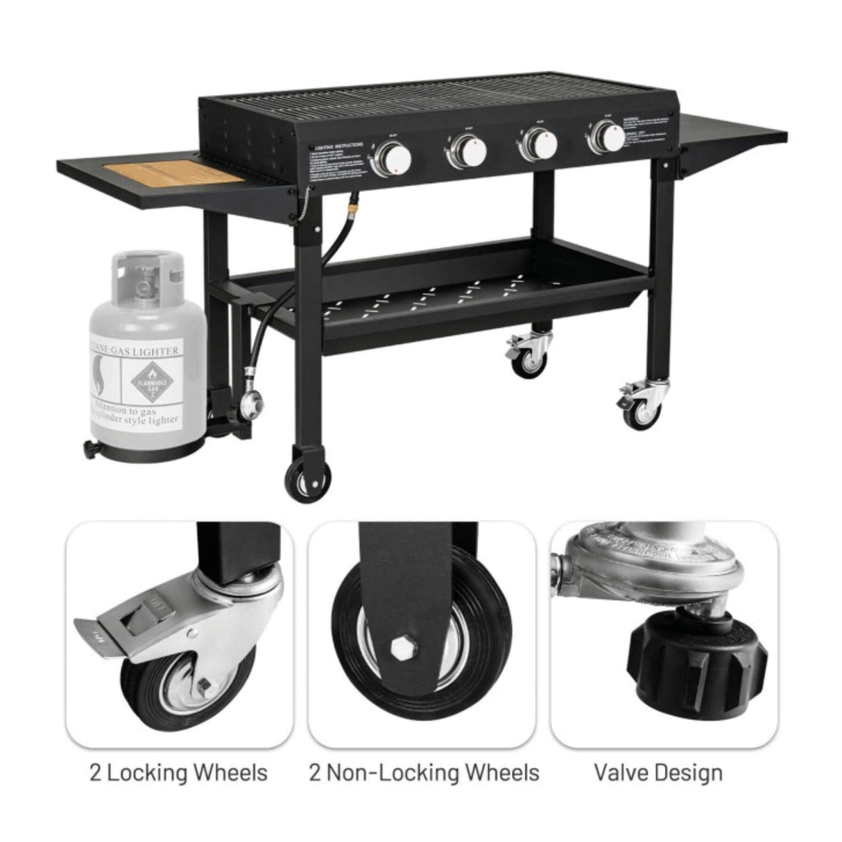 Portable Outdoor 4 Burner Propane Flat Top Gas Grill W/ Wheels, 60K BTU (SAK66104)