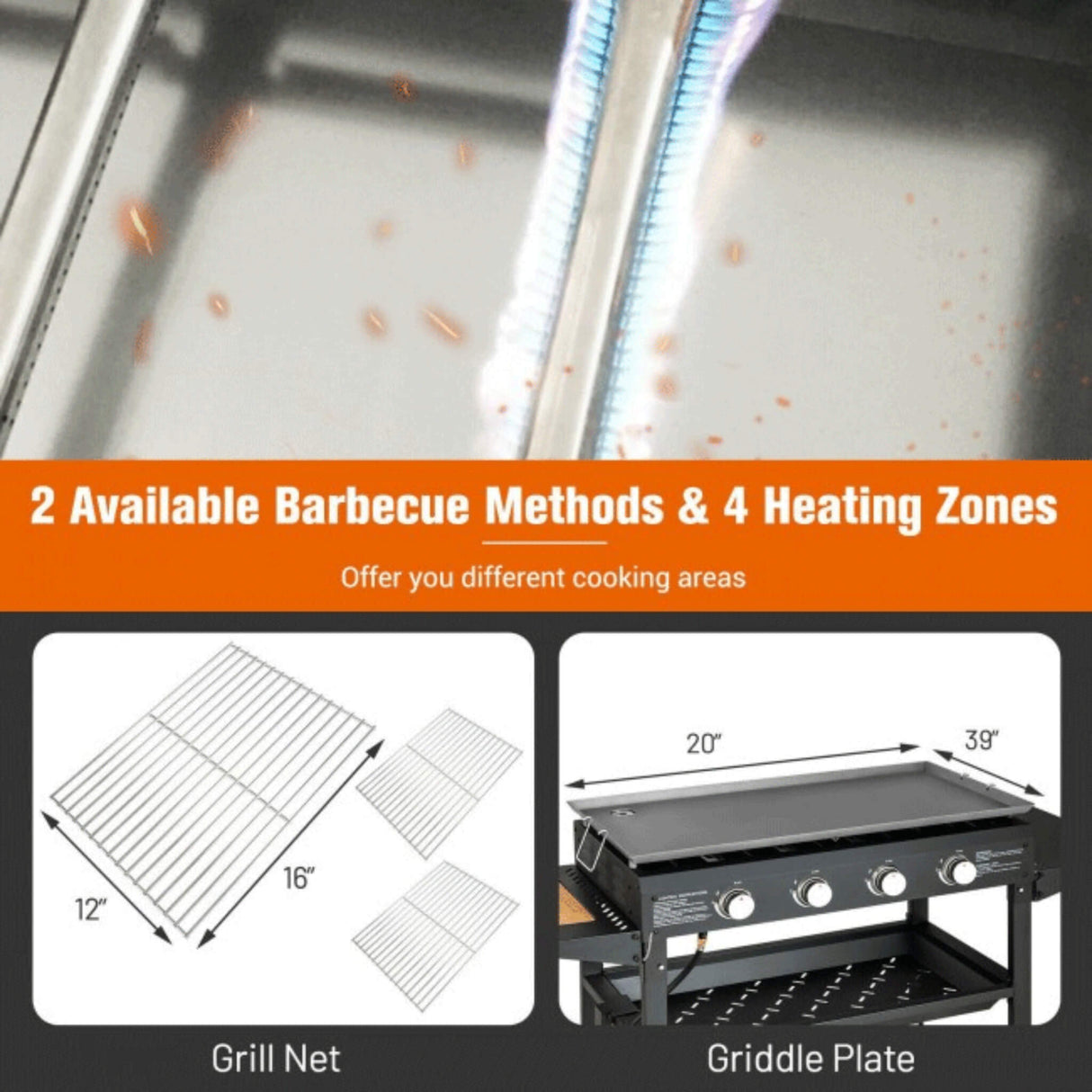 Portable Outdoor 4 Burner Propane Flat Top Gas Grill W/ Wheels, 60K BTU (SAK66104)