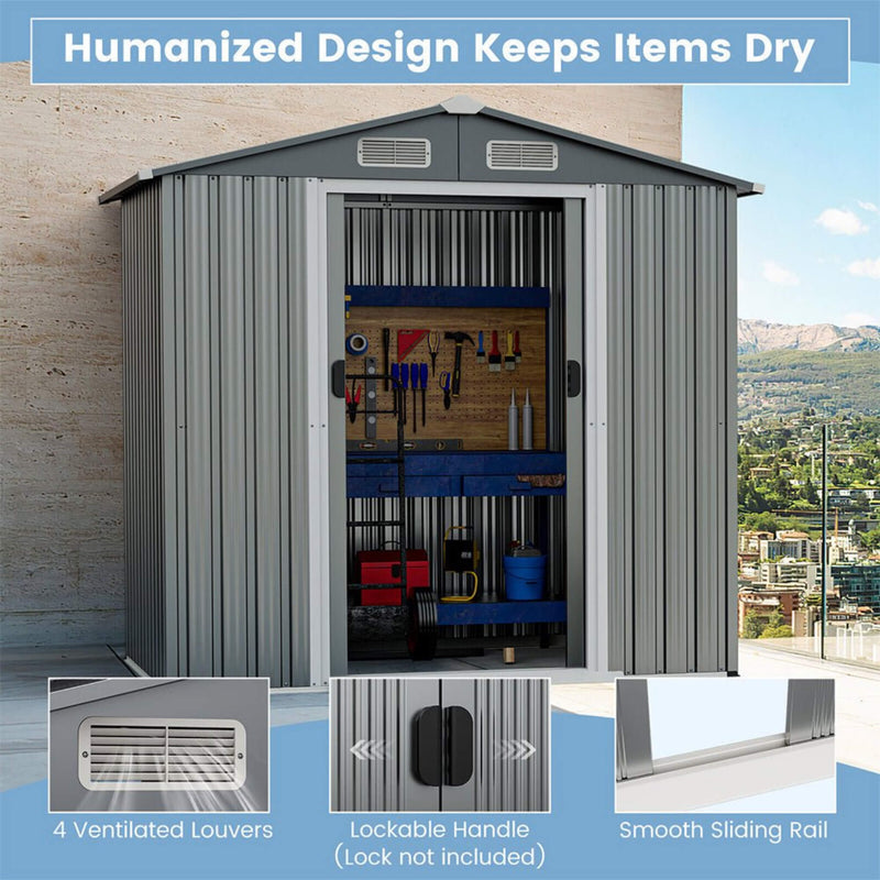 [06X04FT] Premium Garden Galvanized Steel Storage Shed W/ Lockable Sliding Doors (SAK75842)